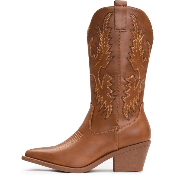 Women's Brown Embroidery Western Cowgirl Boots Pull On Pointy Toe Mid Calf - Picture 2 of 7